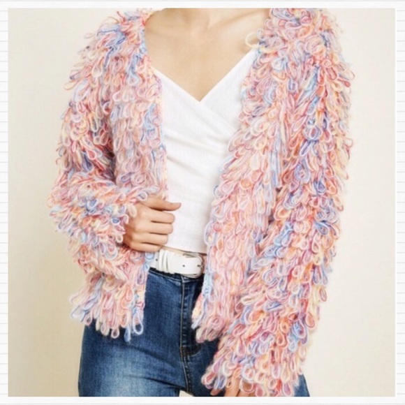 🏷️ SOLD Hayden Multi Color Fringe Yarn Loop Sweater Jacket - Picture 10 of 16